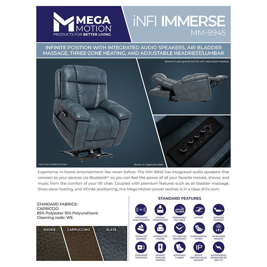 Mega Motion MM-8945 iNFI Immerse infinite position lift chair specs and features graphic from Wish Rock Relaxation.
