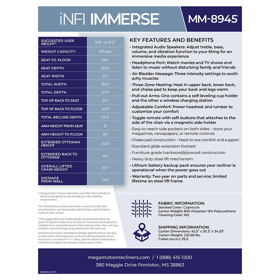 Mega Motion MM-8945 iNFI Immerse infinite position lift chair specs and features graphic from Wish Rock Relaxation.