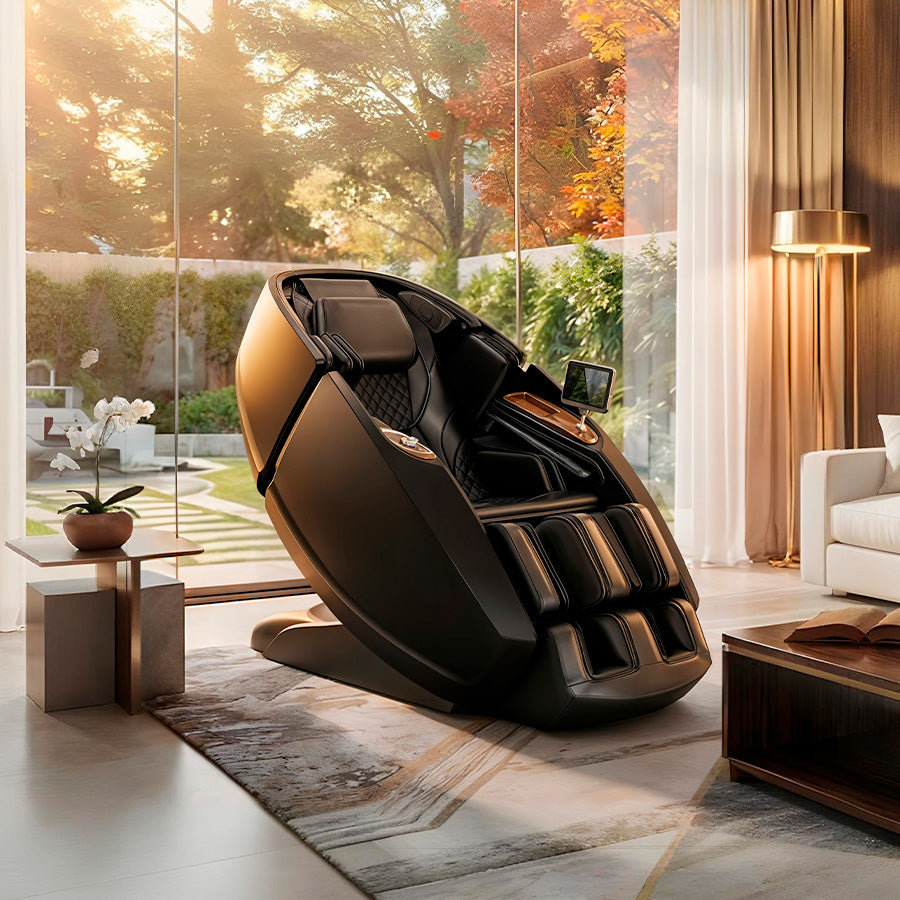 Daiwa Supreme Hybrid massage chair in black reclined in modern living room from Wish Rock Relaxation.