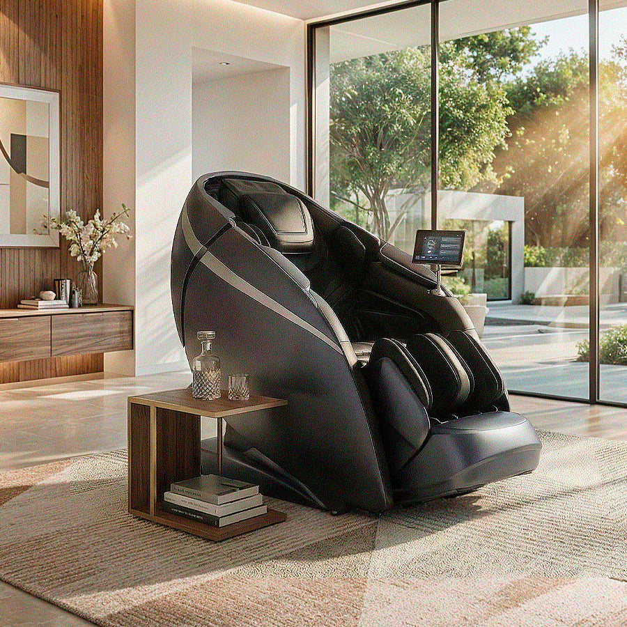 Osaki OS-Pro DuoMax 4D+ massage chair in black with touchscreen controller in modern living room from Wish Rock Relaxation.