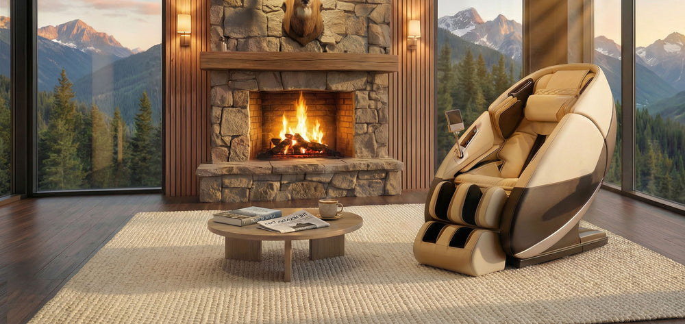 Human Touch Super Novo 3.0 massage chair in cream in mountain living room from Wish Rock Relaxation.