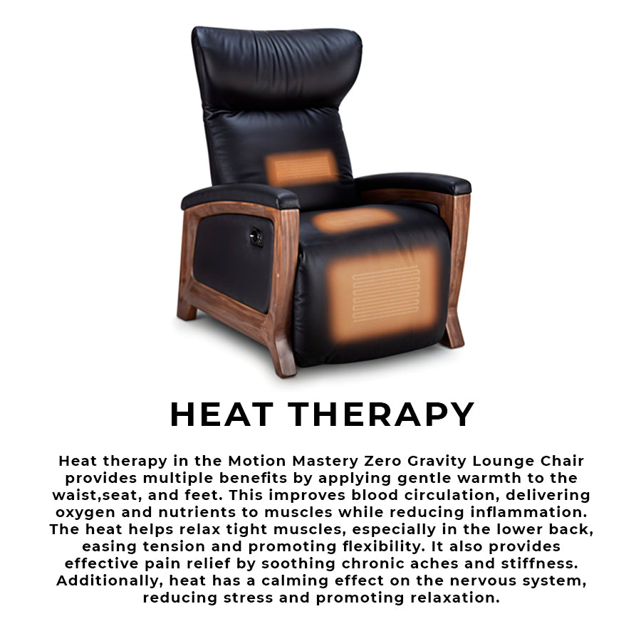 Svago Motion Mastery Lounge Chair (SV700) with heated lumbar and seat zones illustrating heat therapy benefits from Wish Rock Relaxation.