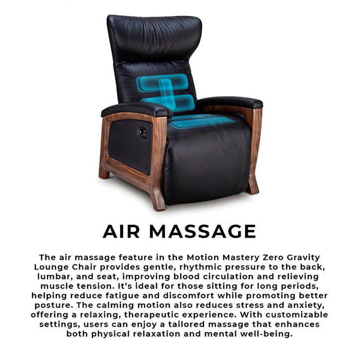 Svago Motion Mastery Lounge Chair (SV700) showing air massage zones in back and seat areas for therapeutic relaxation from Wish Rock Relaxation.