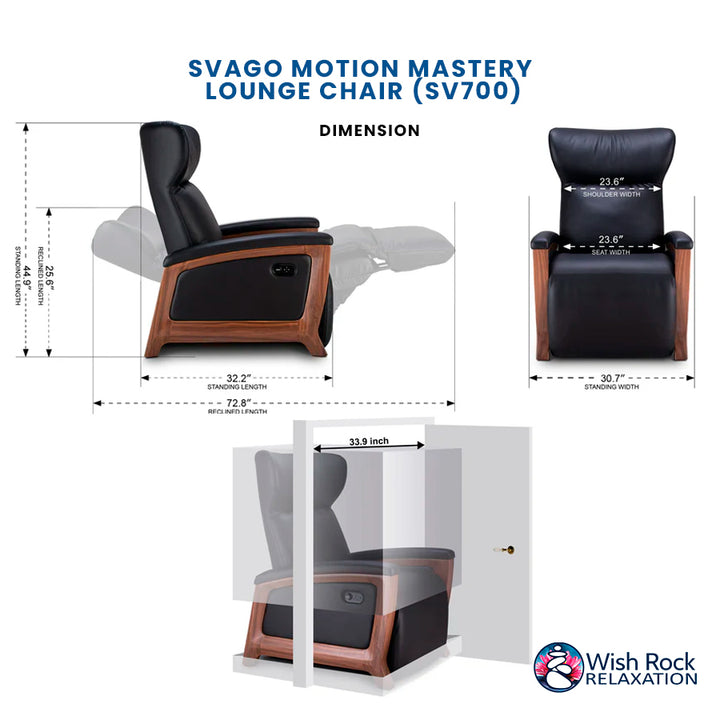 Svago Motion Mastery Lounge Chair (SV700) dimension guide with chair width, depth, and doorway fit measurements from Wish Rock Relaxation.