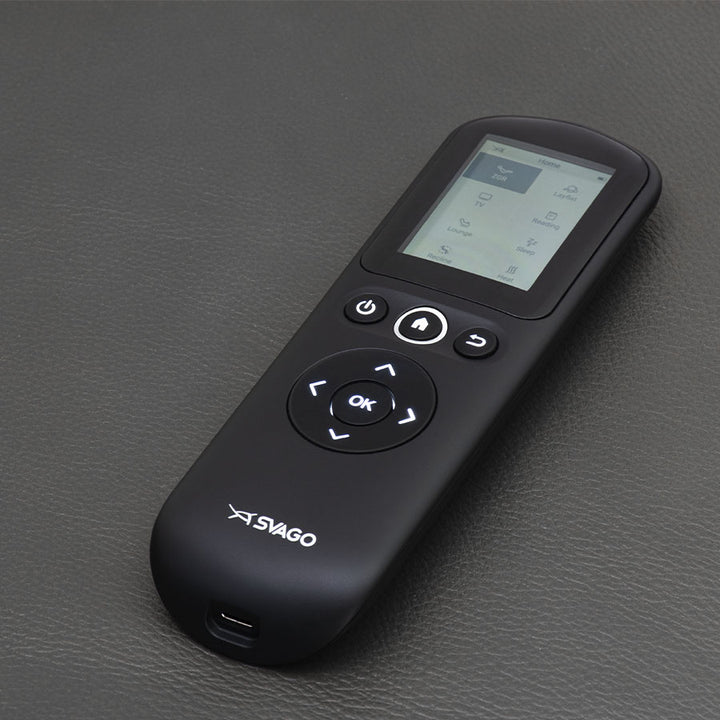 Svago Motion Mastery Lounge Chair (SV700) wireless remote with LCD display showing adjustable chair modes.