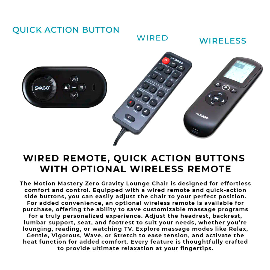Svago Motion Mastery Lounge Chair (SV700) wired, wireless, and side remotes comparison showing control options from Wish Rock Relaxation.
