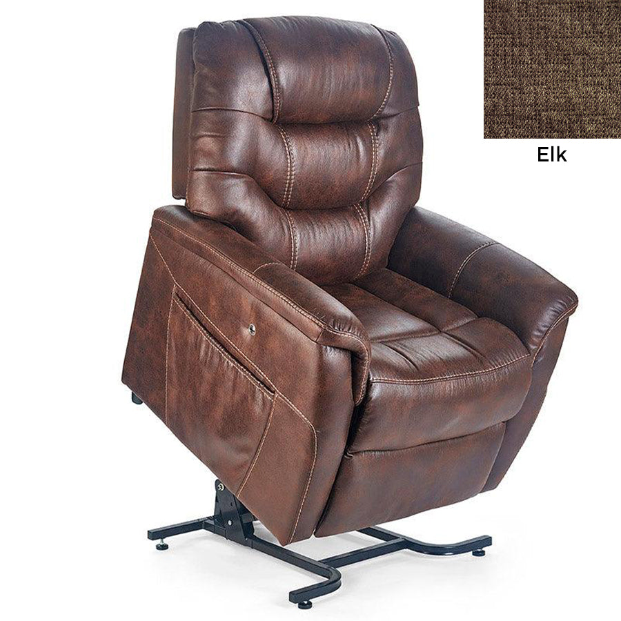 UltraComfort UC476-M Marabella Explorer 4 Zone Zero Gravity Power Lift Chair with Elk swatch fabric sample shown in the upper right corner.
