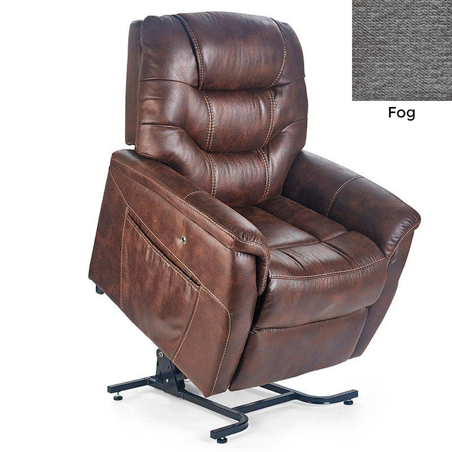 UltraComfort UC476-M Marabella Explorer 4 Zone Zero Gravity Power Lift Chair with Fog swatch fabric sample shown in the upper right corner.