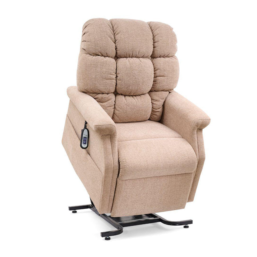 UltraComfort UC480 Aurora Large 1 Zone 3-Position Lift Chair (400lbs) in Sandstorm shown in lift position with two-button remote for easy stand-assist