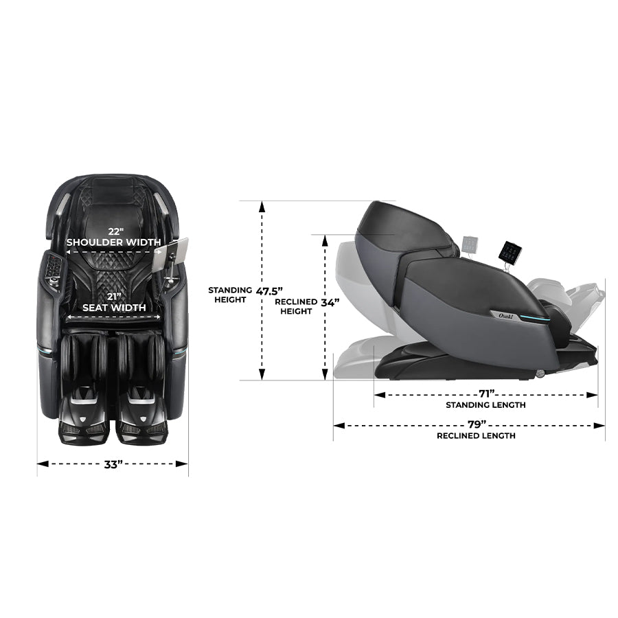 Osaki Trion Flex Duo 4D+3D Massage Chair in black. Dimension chart showing height, width, and reclined length—from Wish Rock Relaxation.