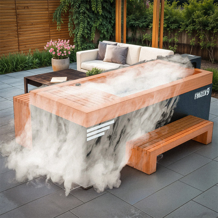 WRR Alt Text Assistant said:

Medical Breakthrough Frozen 9 Cold Plunge with wood trim, advanced cooling system, and matching bench releasing cold mist in luxury outdoor patio from Wish Rock Relaxation.