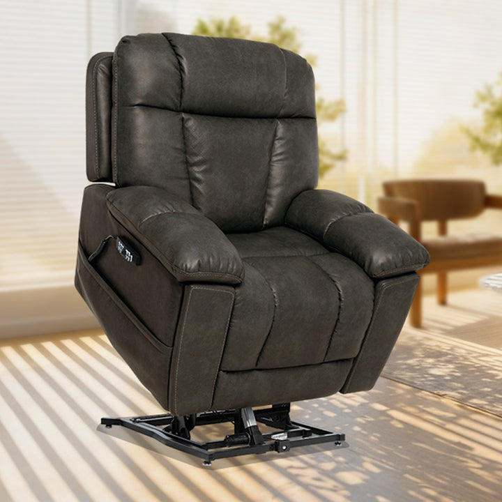 Mega Motion MM-8945 iNFI IMMERSE Lift Chair in smoke leatherette in lifted position, from Wish Rock Relaxation