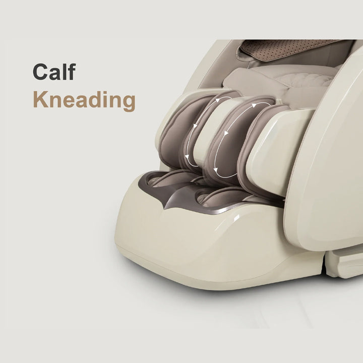Osaki OS-Pro 3D Tecno Massage Chair in Taupe showing calf kneading function with directional motion arrows.