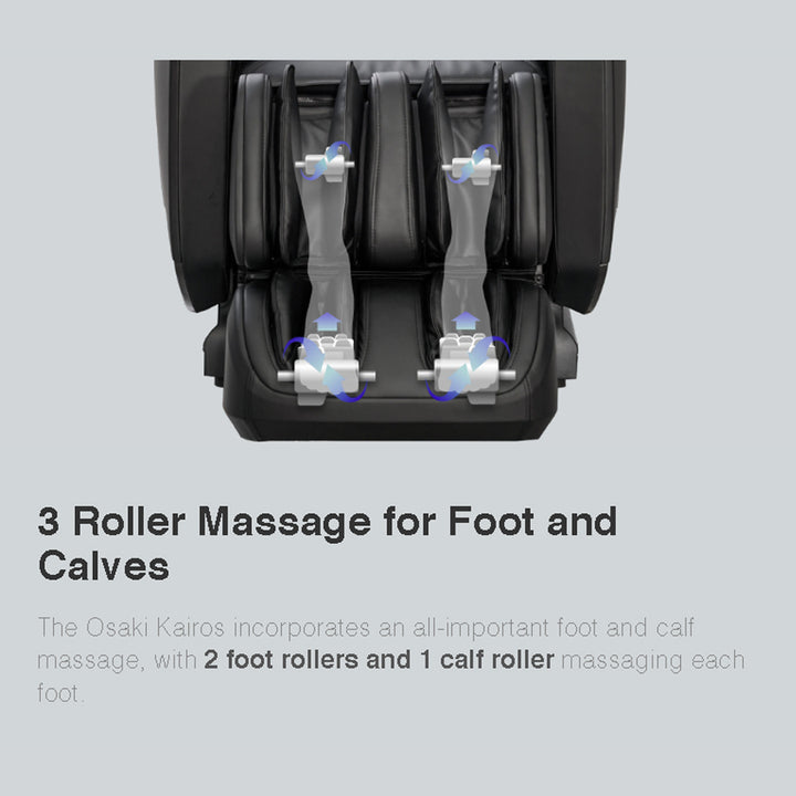Osaki OP-Kairos 4D LT Massage Chair in black with calf kneading and foot roller massage functions.