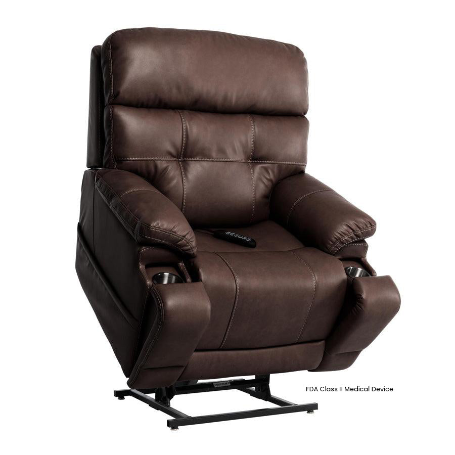 Mega Motion MM-3815 Capriccio Large Infinite Position Lift Chair in Walnut upholstery shown in the lifted position showcasing the hidden cup holders from Wish Rock Relaxation.