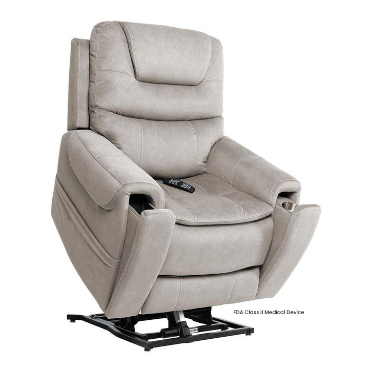 Mega Motion MM-3900 Arula Large Infinite Position Lift and Tilt Chair in Dove upholstery shown in the lifted position showcasing the hidden cup holder and storage from Wish Rock Relaxation.