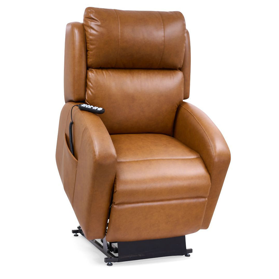 Ultracomfort UC793 Liftchair in tan shown in lift position with side pocket and handheld remote.