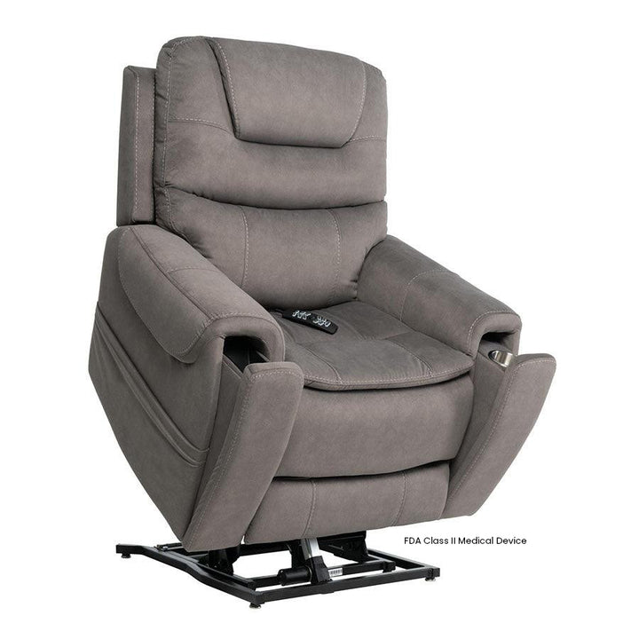 Mega Motion MM-3900 Arula Large Infinite Position Lift and Tilt Chair in Elephant upholstery shown in the lifted position showcasing the hidden cup holder and storage