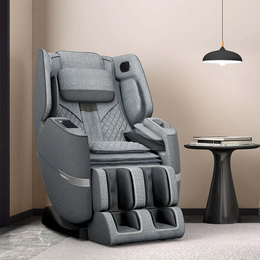 Positive Posture Solara Massage Chair in pewter placed in modern living room setting, from Wish Rock Relaxation