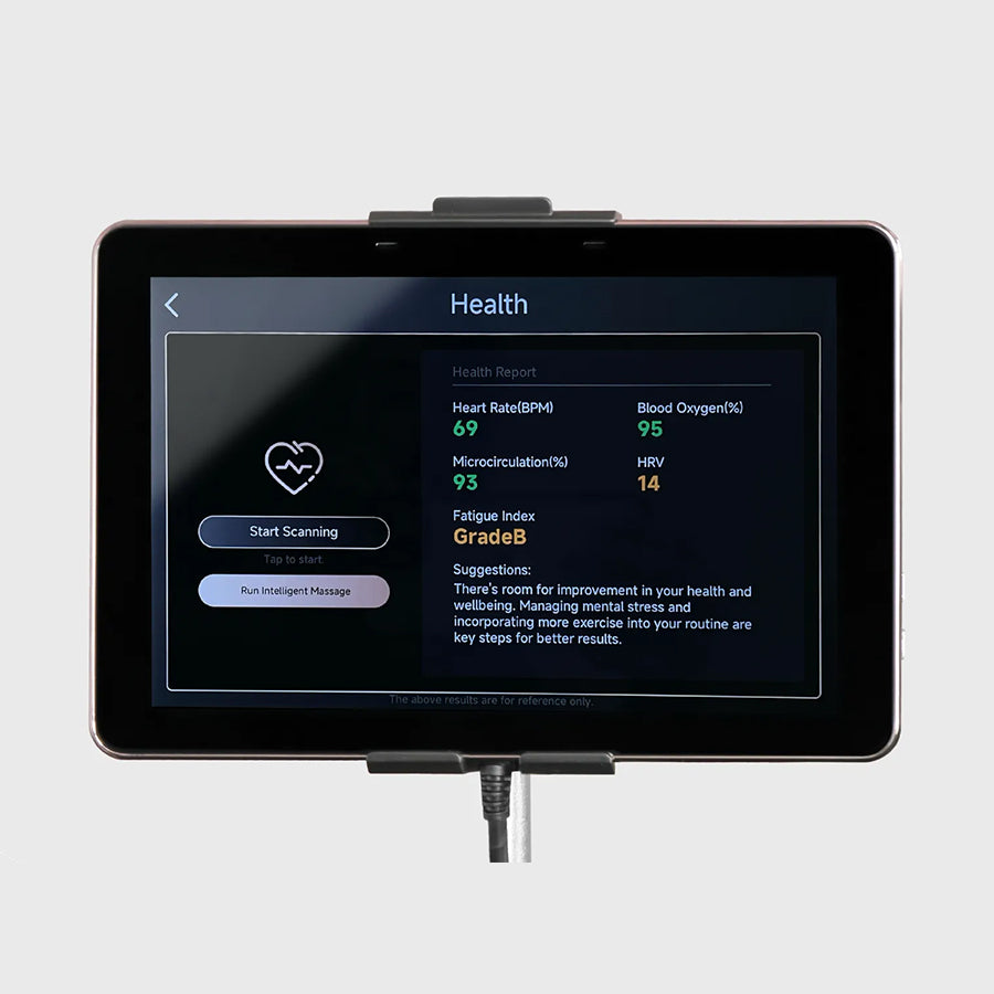 Osaki Trion Flex Duo 4D+3D Massage Chair. Close-up of touchscreen tablet displaying real-time health report.