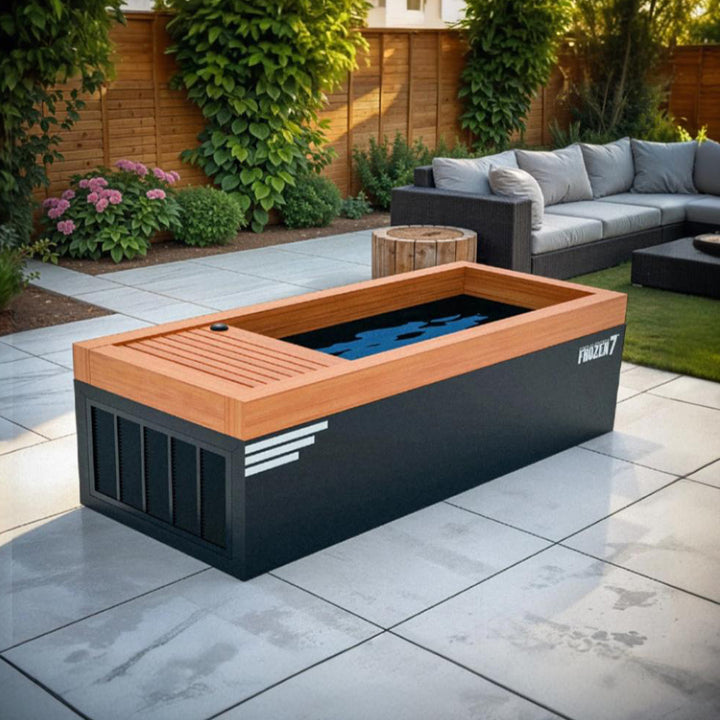 Medical Breakthrough Frozen 7 Cold Plunge with wood trim and built-in cooling system in modern outdoor patio from Wish Rock Relaxation.