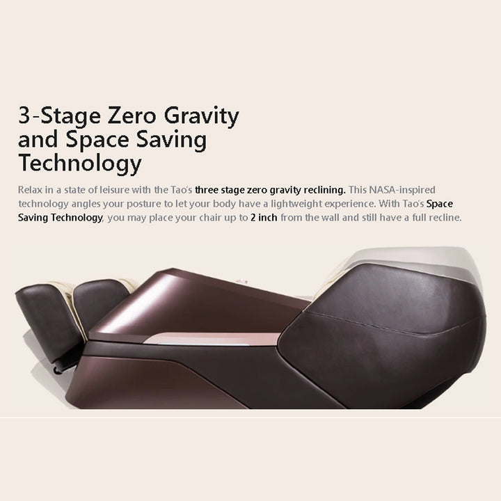 Osaki OS-3D Tao Massage Chair in beige and brown shown fully reclined in zero gravity position.