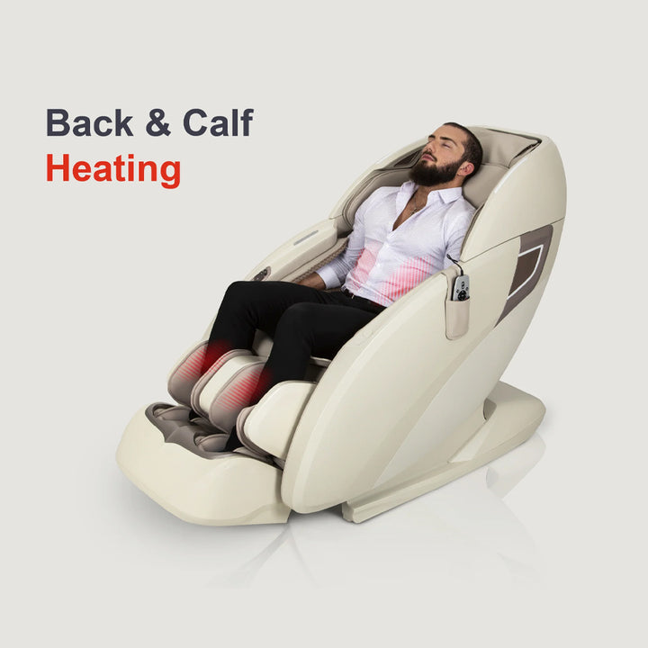 Osaki OS-Pro 3D Tecno Massage Chair in Taupe showing back and calf heating with a relaxed user.