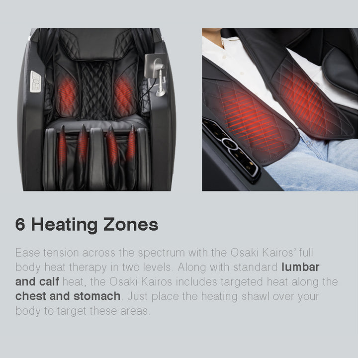 Osaki OP-Kairos 4D LT Massage Chair in black showing heated hip and calf airbags in use.