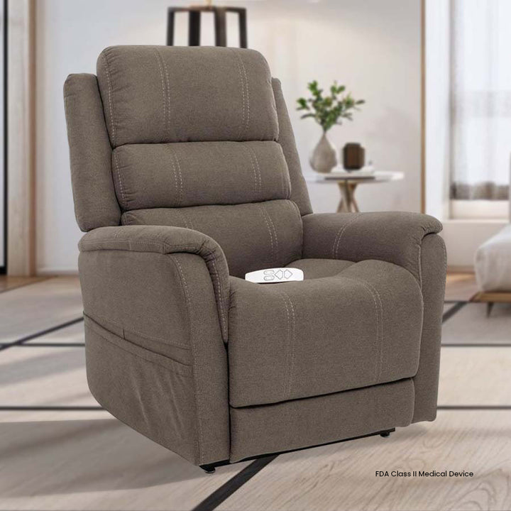 Mega Motion MM-3603 iNFI ATTAIN Infinite Position Lift Chair in Steel color; Lifestyle image in a neat and tidy room from Wish Rock Relaxation