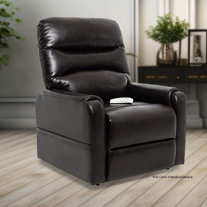 Mega Motion MM-3604 Trio Piccolo Lexi Petite 3-Position Lift Chair in New Chestnut color; lifestyle image set in a clean and elegant room from Wish Rock Relaxation