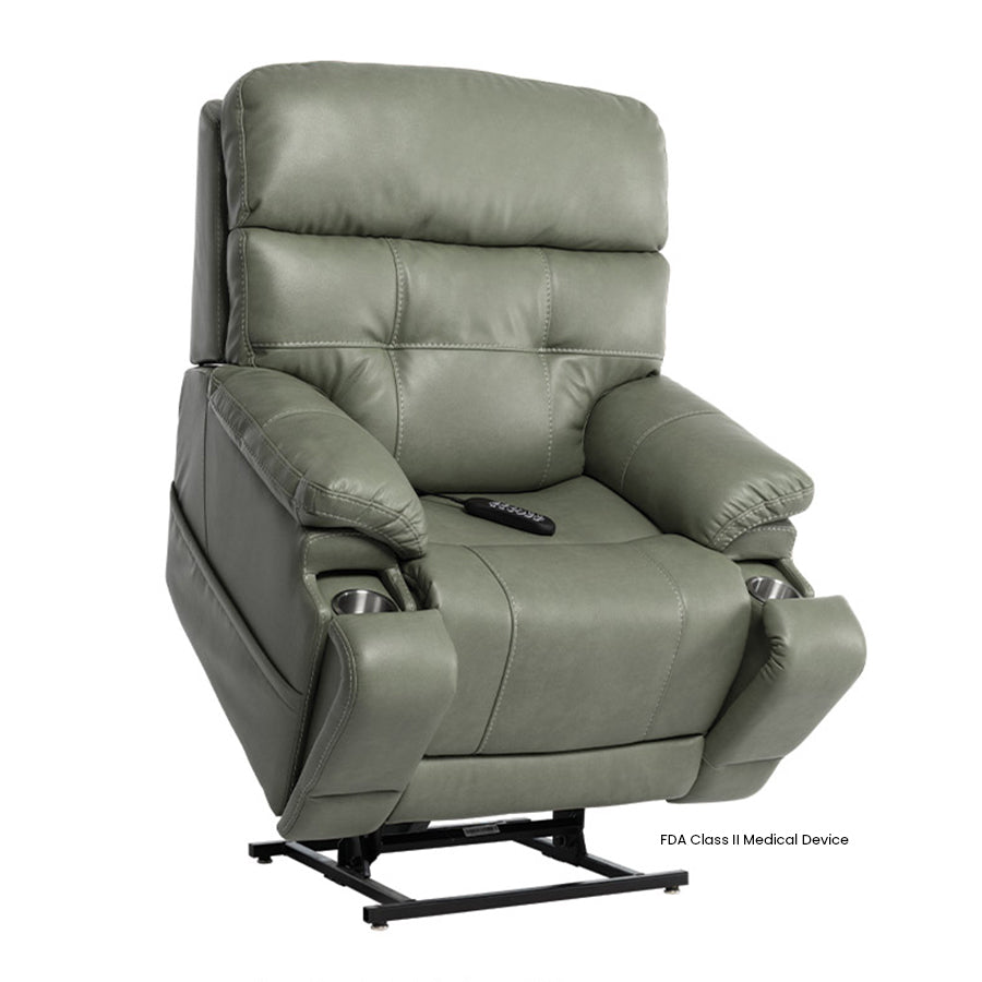 Mega Motion MM-3815 Capriccio Large Infinite  Position Lift Chair in Olive upholstery shown in the lifted position showcasing the hidden cup holders