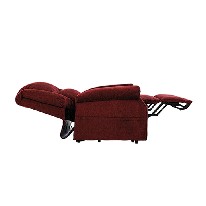 Mega Motion MM-201 iNFI ATTAIN Infinite Position Lift Chair fully reclined in red fabric from Wish Rock Relaxation.
