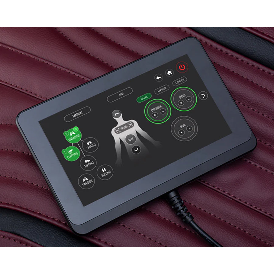Ogawa Master Drive DUO 4D+3D Massage (OG 8900) Chair touchscreen showing manual massage settings and strength controls.