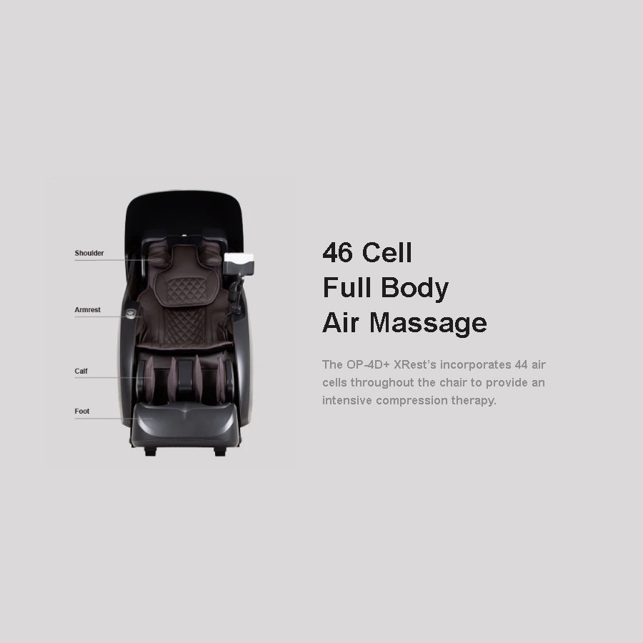 Osaki Platinum Ai Xrest 4D Massage Chair showing 46-cell full body air massage from Wish Rock Relaxation.