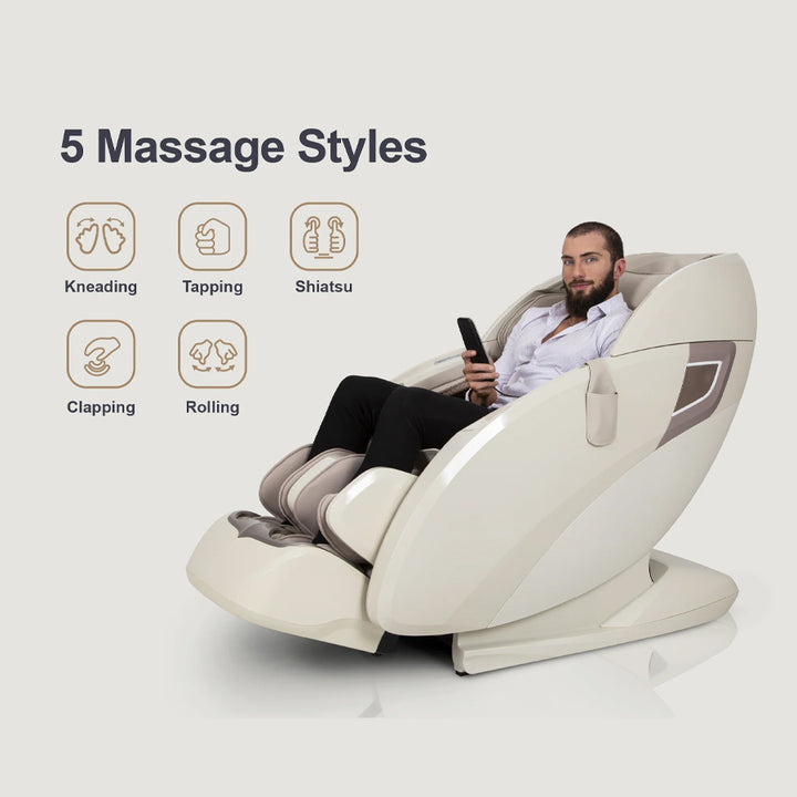 Osaki OS-Pro 3D Tecno Massage Chair in Taupe with user and icons for five massage styles: kneading, tapping, shiatsu, clapping, rolling.