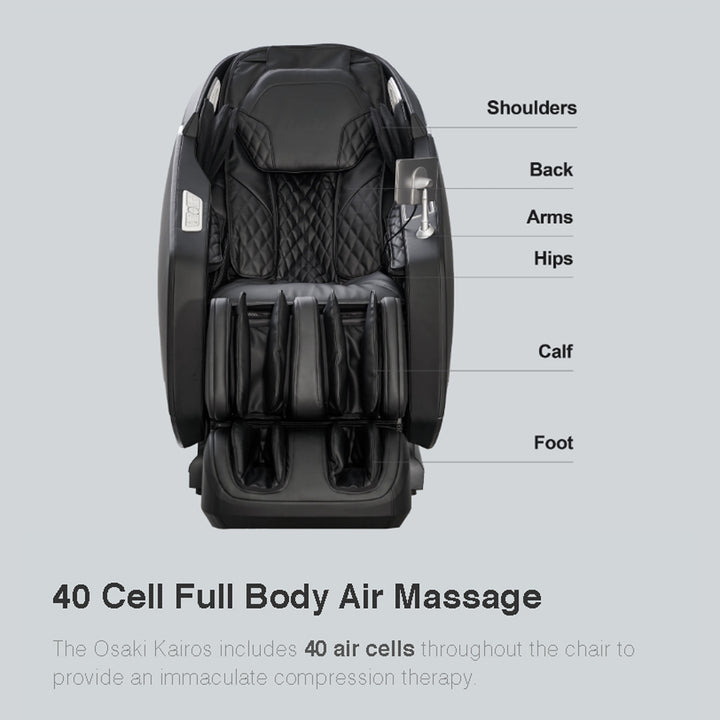 Osaki OP-Kairos 4D LT Massage Chair in black with labeled zones for shoulders, back, arms, hips, calf, and feet.
