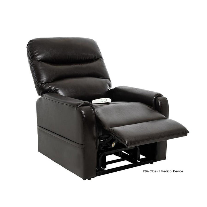 Mega Motion MM-3604 Lexi Petite 3-Position Lift Chair in New Chestnut color in a semi-reclined position good for watching tv or even reading a book.