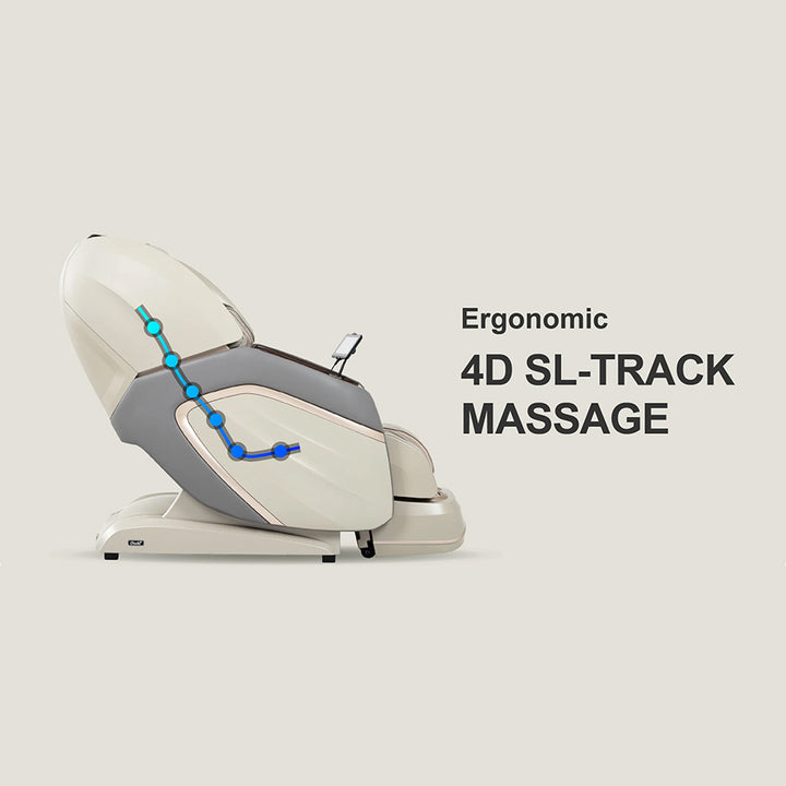 Osaki OS-Pro 4D Emperor Massage Chair in Taupe/Gray with blue path graphic showing ergonomic 4D SL-track massage system.