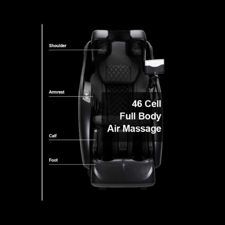 Osaki OP-4D Master Massage Chair in black with labeled 46-cell full body air massage system.