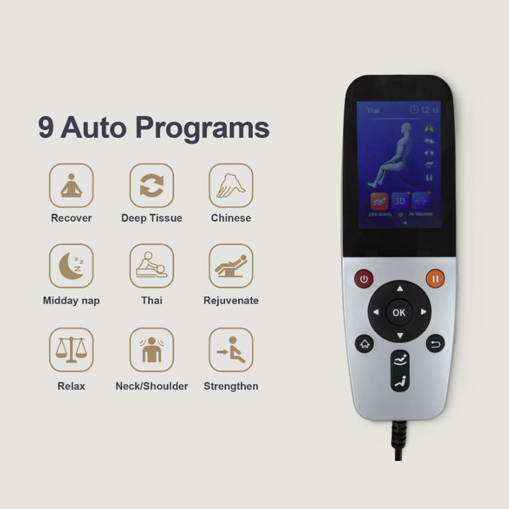 Osaki OS-Pro 3D Tecno Massage Chair remote showing nine automatic massage programs on display.