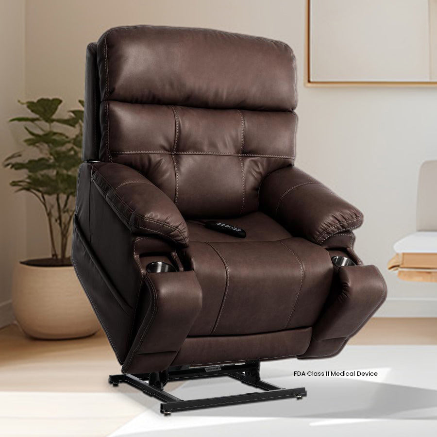 Mega Motion MM-3815 iNFI Elite Capriccio Large Infinite  Position Lift Chair in Walnut Color; Lifestyle image set in a tidy, inviting room from Wish Rock Relaxation