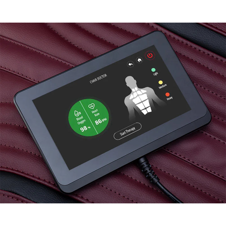 Ogawa Master Drive DUO 4D+3D Massage Chair (OG 8900) touchscreen displaying Chair Doctor health scan with blood oxygen and heart rate.