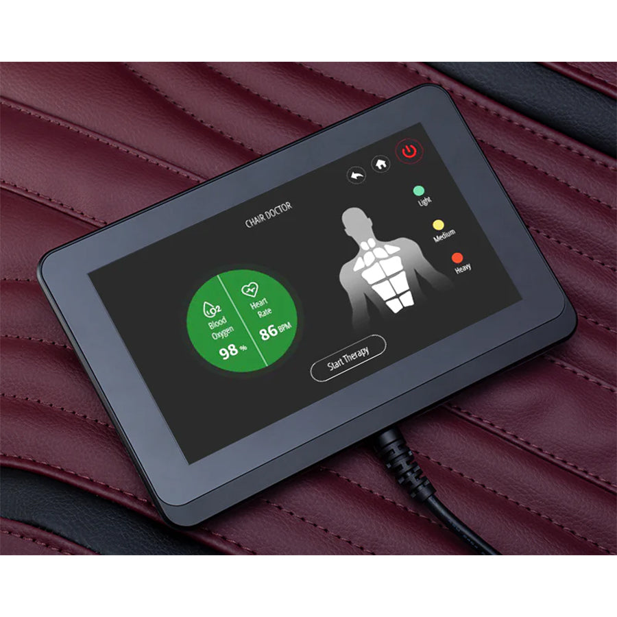 Ogawa Master Drive DUO 4D+3D Massage Chair (OG 8900) touchscreen displaying Chair Doctor health scan with blood oxygen and heart rate.