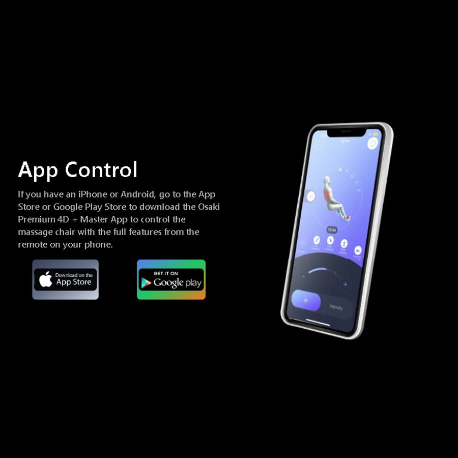 Osaki OP-4D Master Massage Chair app control via iPhone or Android shown with mobile interface.