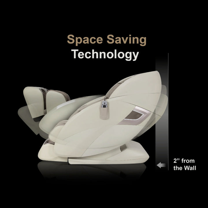 Osaki OS-Pro 3D Tecno Massage Chair in Taupe reclined to show space-saving design, only 2 inches from the wall.