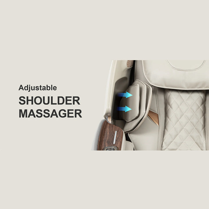 Osaki OS-Pro 4D Emperor Massage Chair showing adjustable shoulder massager with blue arrows for lateral movement.