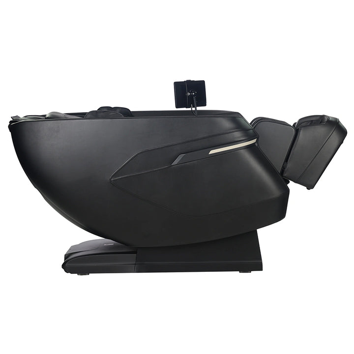 Kyota Zenyu M338 Massage Chair in black fully reclined showing side panel and legrest extension.
