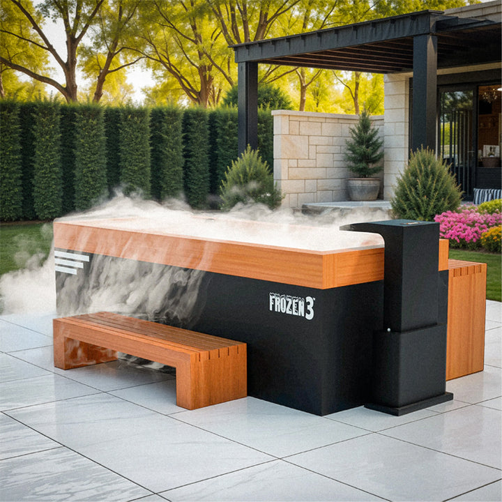 Medical Breakthrough Frozen 3 Cold Plunge with wood trim, cooling system, and bench in modern outdoor patio from Wish Rock Relaxation.