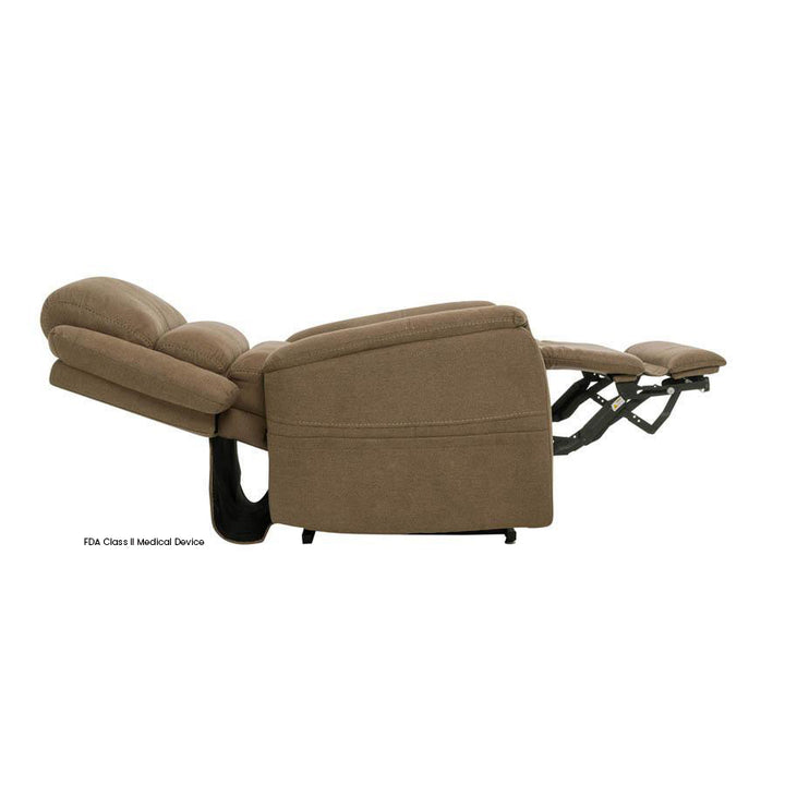 Mega Motion MM-3603 iNFI ATTAIN Infinite Position Lift Chair in Latte color side profile view full reclined position.
