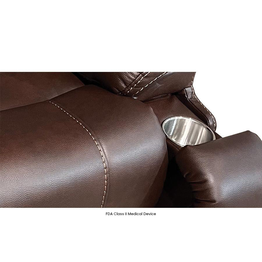 Mega Motion MM-3815 Capriccio Large Infinite Position Lift Chair in Walnut Color showcasing the hidden cup holder.